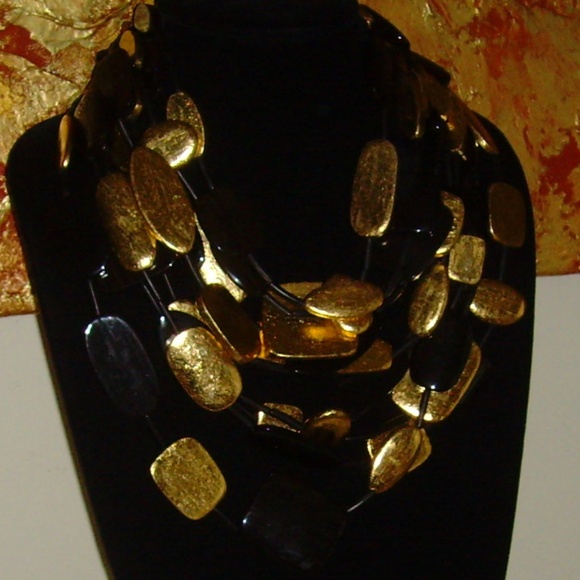 MONIES Gerda Lynggard Multi-Strand Black and Gold Leaf Statement Necklace - Picture 8 of 16
